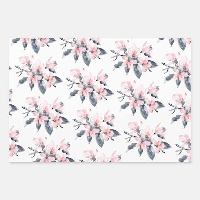 Pink & Grey Flowers Classy Watercolor Pattern Wrapping Paper Sheet (Front)