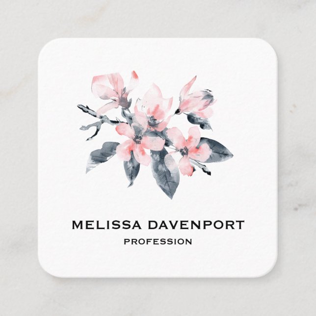 Pink & Grey Flowers Classy Watercolor Square Business Card (Front)