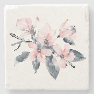 Pink & Grey Flowers Classy Watercolor Stone Coaster