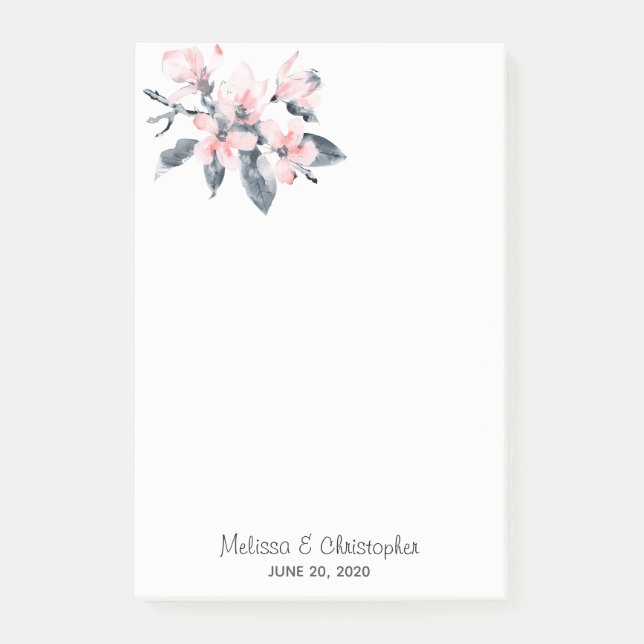 Pink & Grey Flowers Classy Watercolor Wedding Post-it Notes (Front)