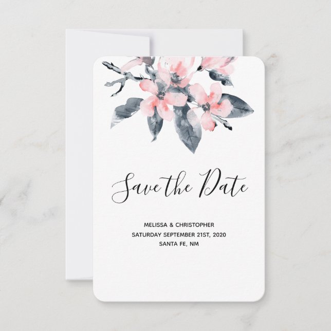 Pink & Grey Flowers Classy Watercolor Wedding Save The Date (Front)