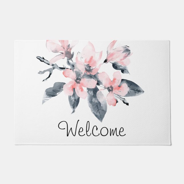 Pink & Grey Flowers Classy Watercolor Welcome Doormat (Front)