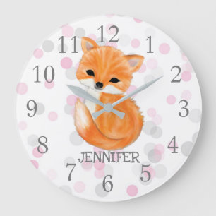 Pink Grey Fox Nursery Decor Wall Clock