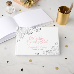 Pink & Grey Frilly Filigree Elegant Wedding Guest Book