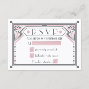 Pink - Grey Gatsby Art Deco Style Wedding RSVP Card