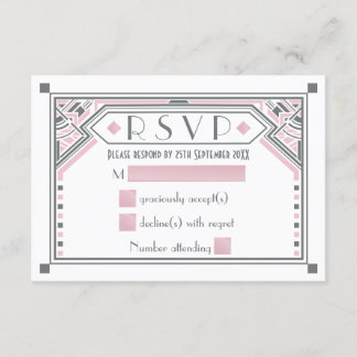 Pink - Grey Gatsby Art Deco Style Wedding RSVP Card