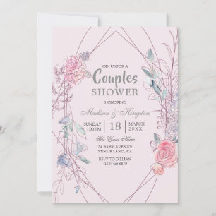 Pink & Grey Geometric Floral Wreath Couples Shower Invitation