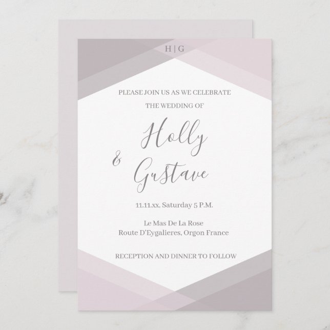 Pink Grey Geometric Monogram Modern Chic Wedding Invitation (Front/Back)