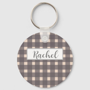 Pink Grey Gingham Personalized Keychain