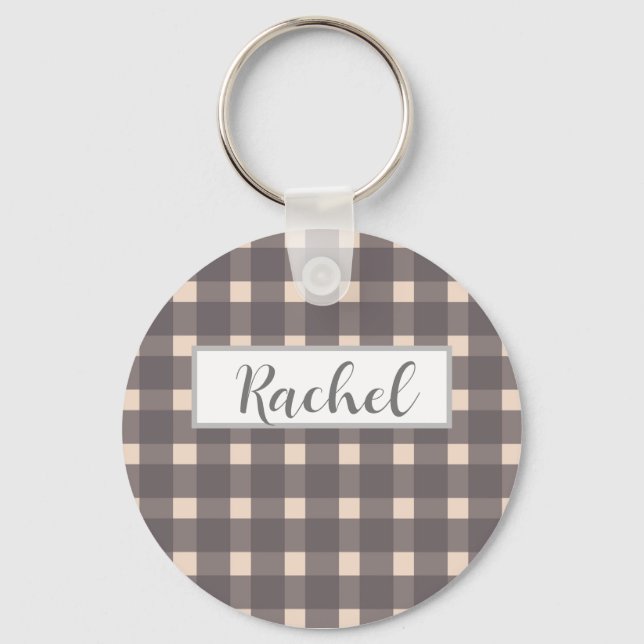 Pink Grey Gingham Personalized Keychain (Front)