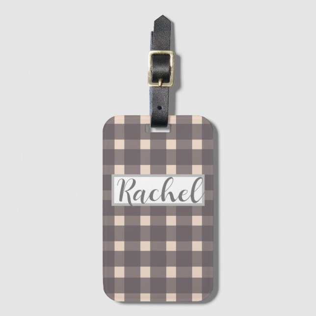 Pink Grey Gingham Personalized Luggage Tag (Front Vertical)