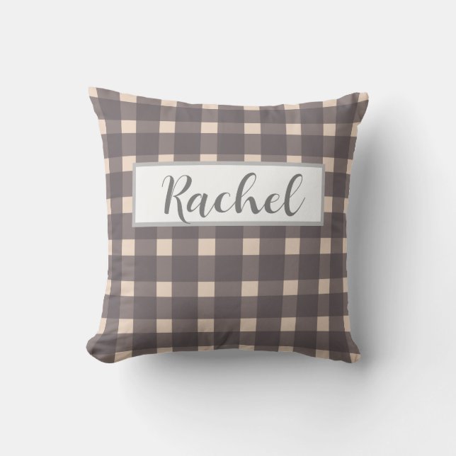 Pink Grey Gingham Personalized  Throw Pillow (Front)