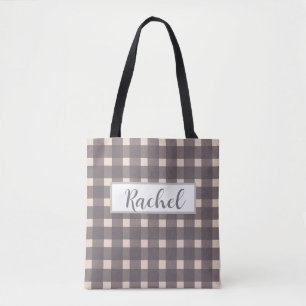 Pink Grey Gingham Personalized Tote Bag