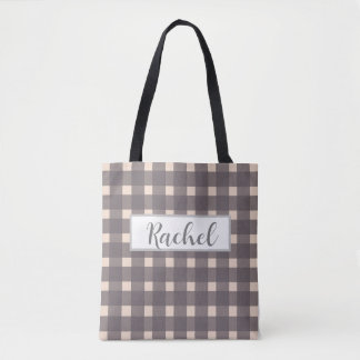 Pink Grey Gingham Personalized Tote Bag