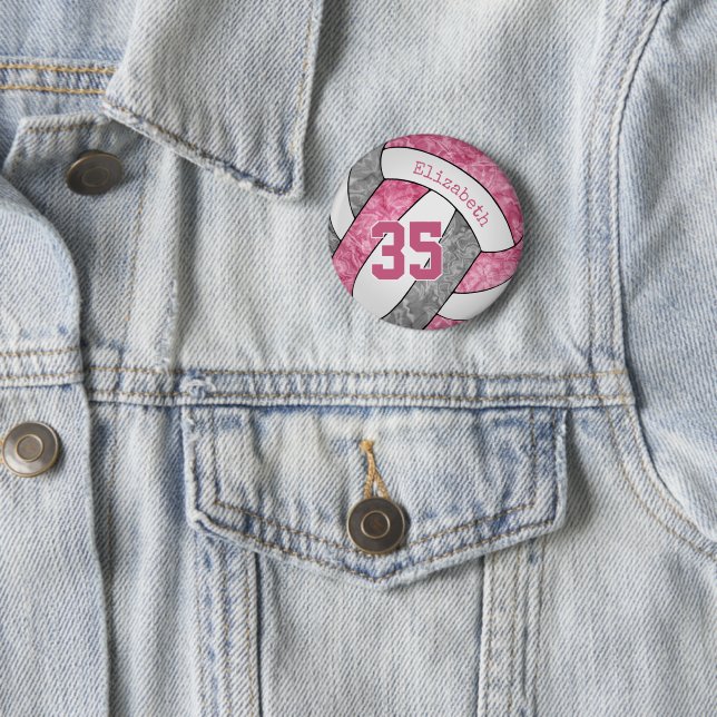 pink grey girls personalized volleyball 2 inch round button (In Situ)