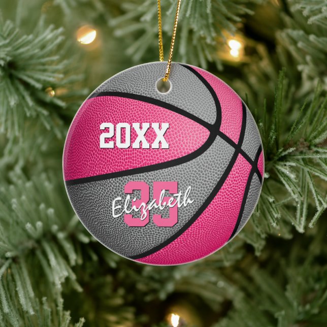 pink grey girls sports keepsake basketball ceramic ornament (Tree)