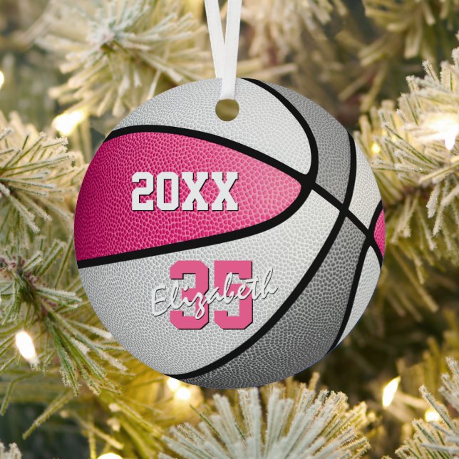 pink grey girls sports keepsake basketball metal ornament (Insitu)
