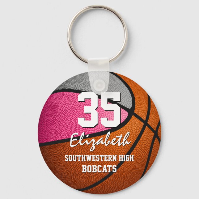 Pink grey girls team spirit basketball keychain (Front)