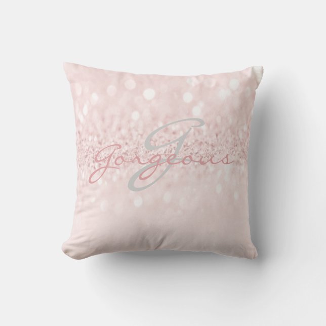 Pink Grey Girly Glitter Silver Monogram Name Throw Pillow (Front)