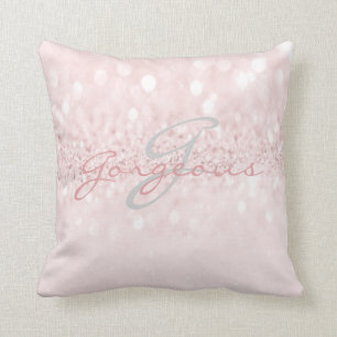 Pink Grey Girly Glitter Silver Monogram Name Throw Pillow
