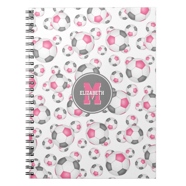 pink grey girly sports pattern soccer personalized notebook (Front)