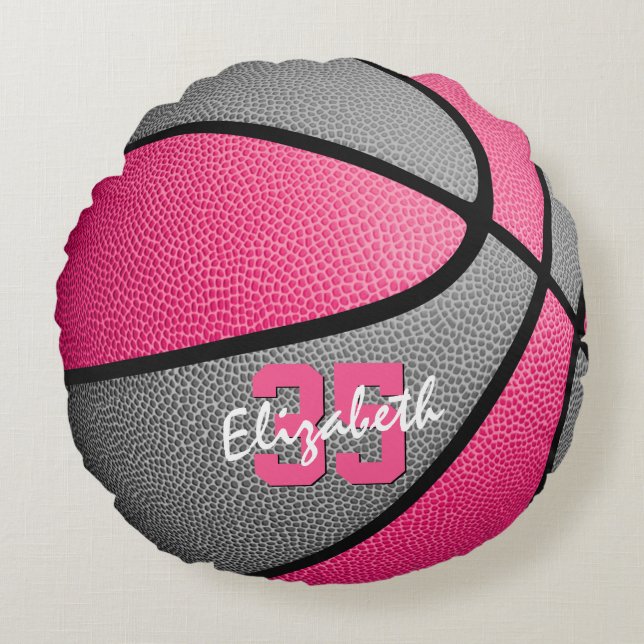 pink grey girly sports personalized basketball round pillow (Front)