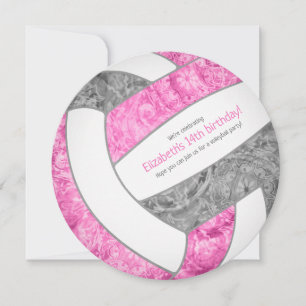 pink grey girly volleyball birthday party announcement