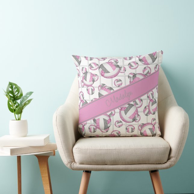 Pink grey girly volleyballs pattern net accent throw pillow (Chair)