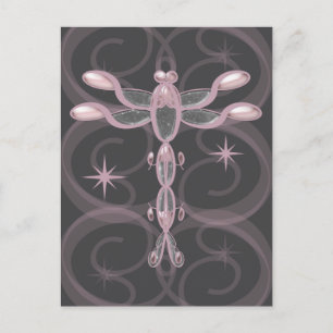 Pink, Grey, Glass Dragonfly with Stars Postcard