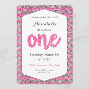 Pink Grey Glitter First Birthday Card