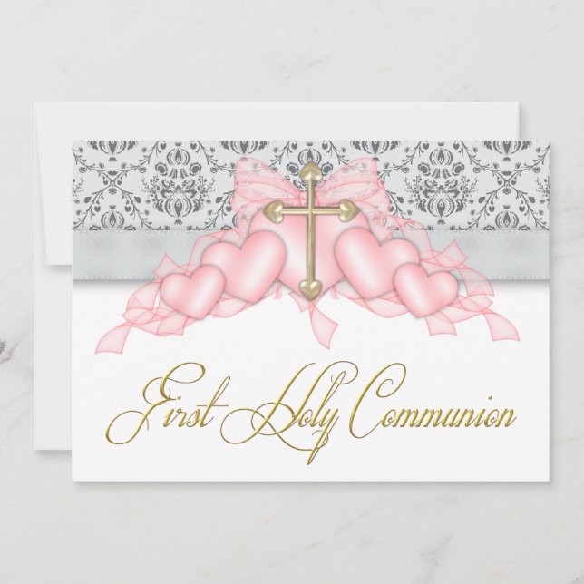 Pink Grey Gold Cross Girls Pink First Communion Invitation (Front)