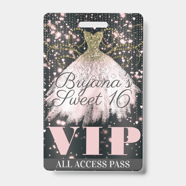 Pink Grey Gold Sparkle Dress Sweet 16 VIP Pass Badge (Front)