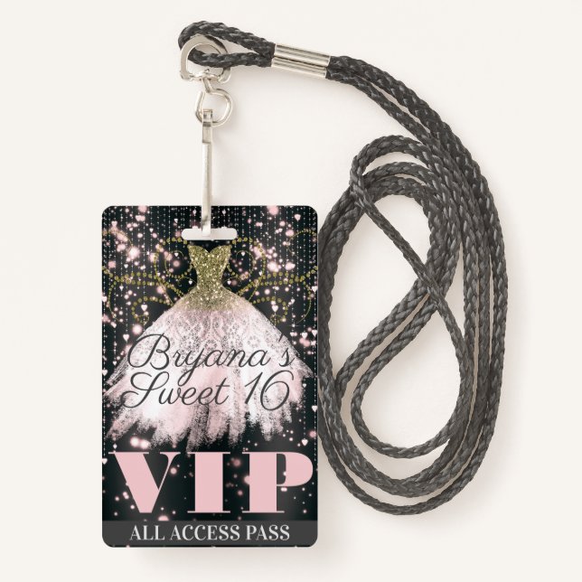 Pink Grey Gold Sparkle Dress Sweet 16 VIP Pass Badge (Front with Lanyard)