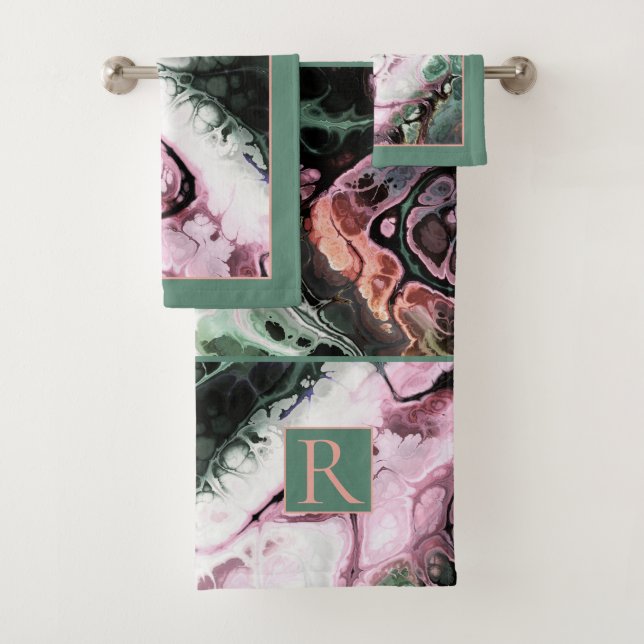 Pink, grey-green tie dye marble pattern, monogram bath towel set (Insitu)