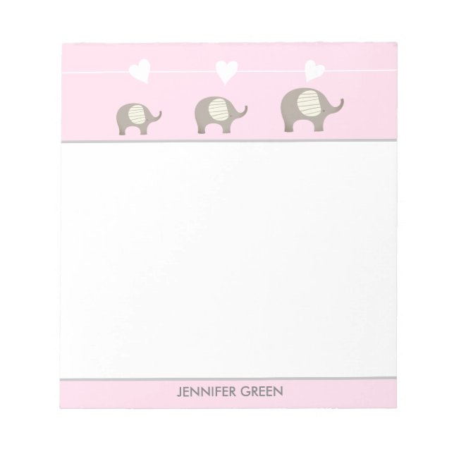 Pink Grey Heart Elephant Personalized Notepad (Front)