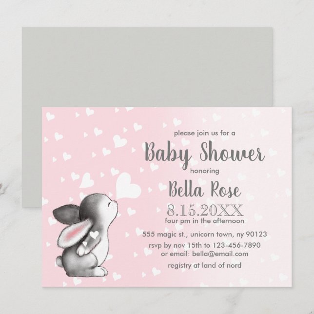 Pink Grey Hearts Bunny Girl Baby Shower Invitation (Front/Back)