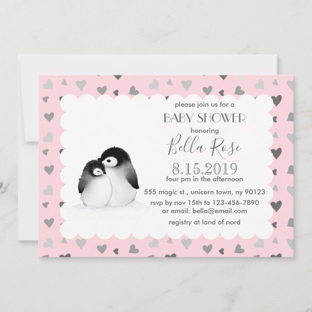 Pink Grey Hearts Penguins Baby Shower Invitations (Front)
