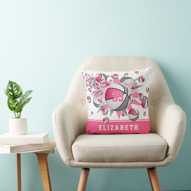 pink grey her sports room basketballs stars throw pillow (Chair)