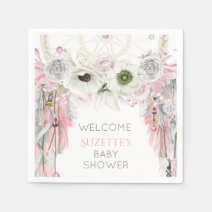 Pink Grey Ivory Dream Catcher Feathers Napkin