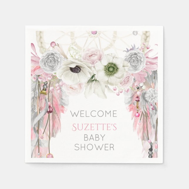 Pink Grey Ivory Dream Catcher Feathers Napkin (Front)