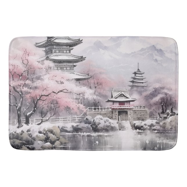 Pink Grey Japanese Sakura Blossoms Pagoda Bath Mat (Front)