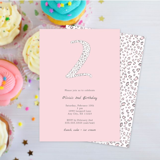 Pink Grey Leopard 2nd Birthday Invitation (Creator Uploaded)