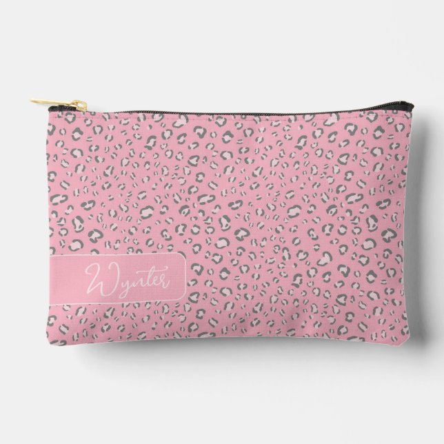 Pink Grey leopard pattern with name Accessory Pouch (Front)
