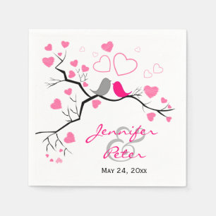 Pink, Grey Lovebirds & Hearts Paper Wedding Napkin