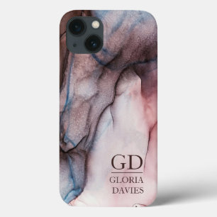 Pink Grey Marble Abstract Monogram Personalized  iPhone 13 Case