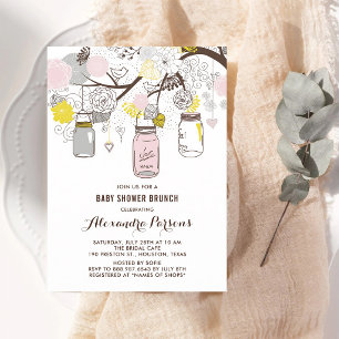 Pink Grey Mason Jars Floral Baby Shower Brunch Invitation