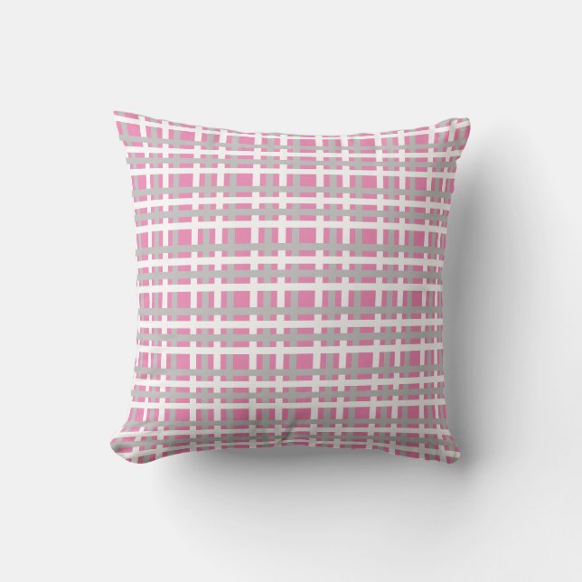 Pink Grey Modern Plaid Check Pattern Throw Pillow (Front)