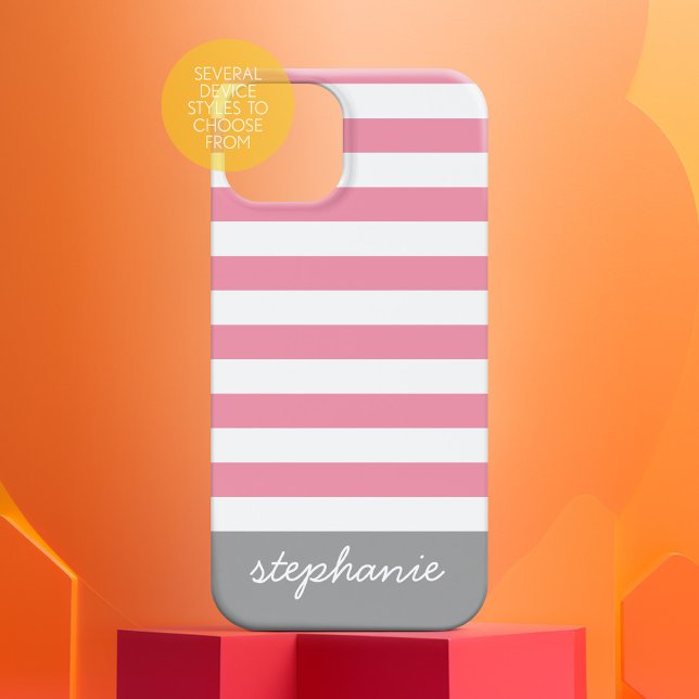 Pink Grey Modern Striped Pattern with Name Case-Mate iPhone Case (Personalized Phone Case - Add Custom Text)