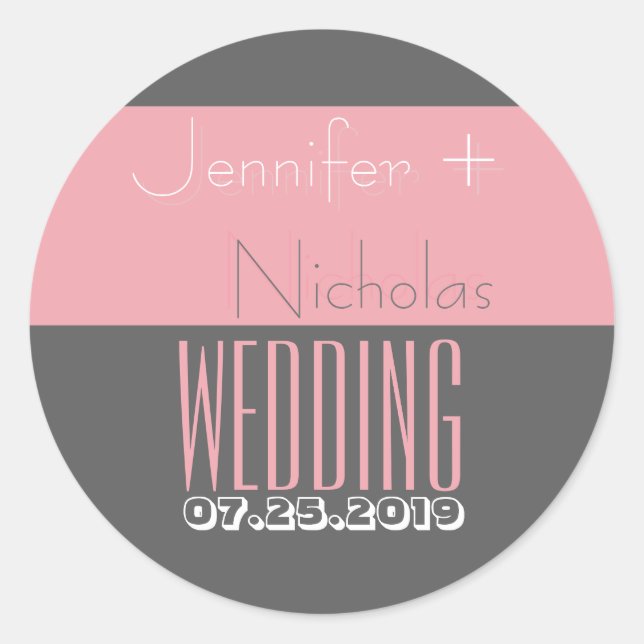 Pink | Grey Modern Typography Wedding Classic Round Sticker (Front)