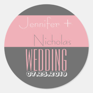 Pink Grey Modern Typography Wedding Classic Round Sticker
